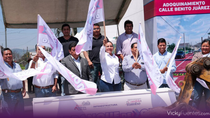 Lupita Cuautle da inicio al adoquinamiento en Tlaxcalancingo para mejorar la movilidad