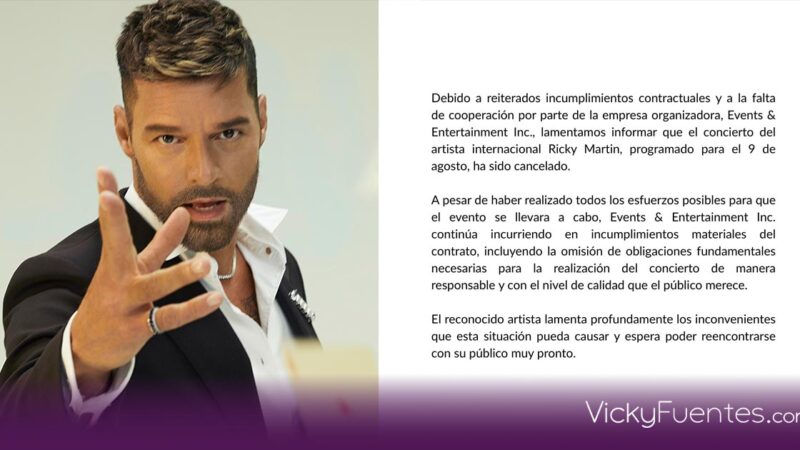 Ricky Martin cancela concierto en Puebla por incumplimientos de Events & Entertainment Inc.