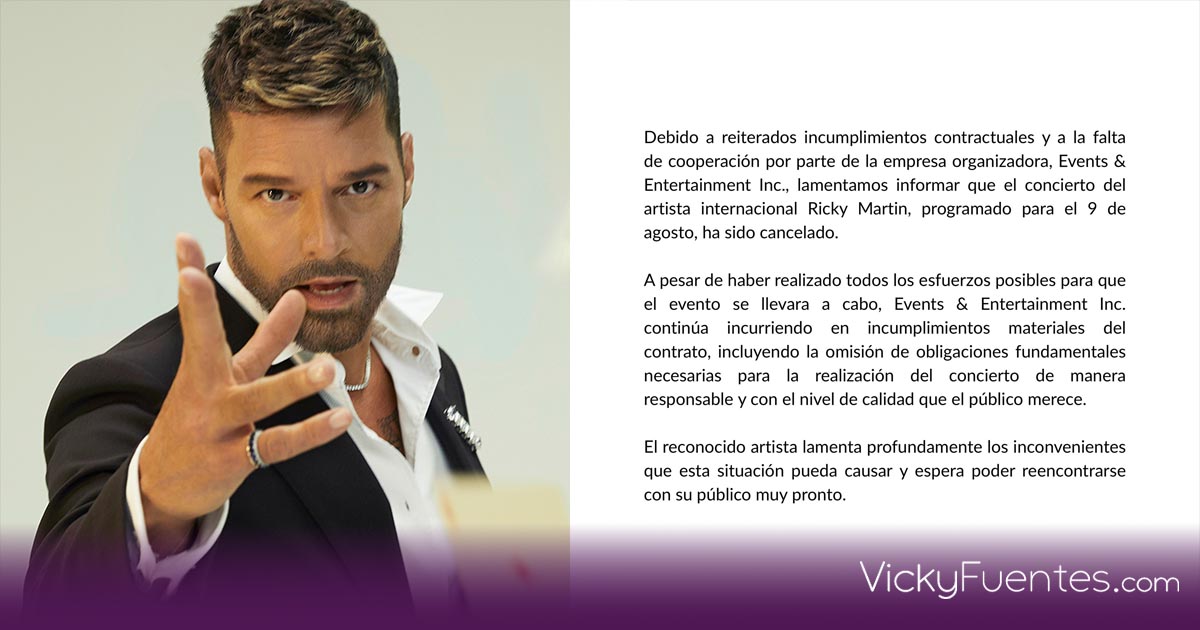 Ricky Martin cancela concierto en Puebla por incumplimientos de Events & Entertainment Inc.