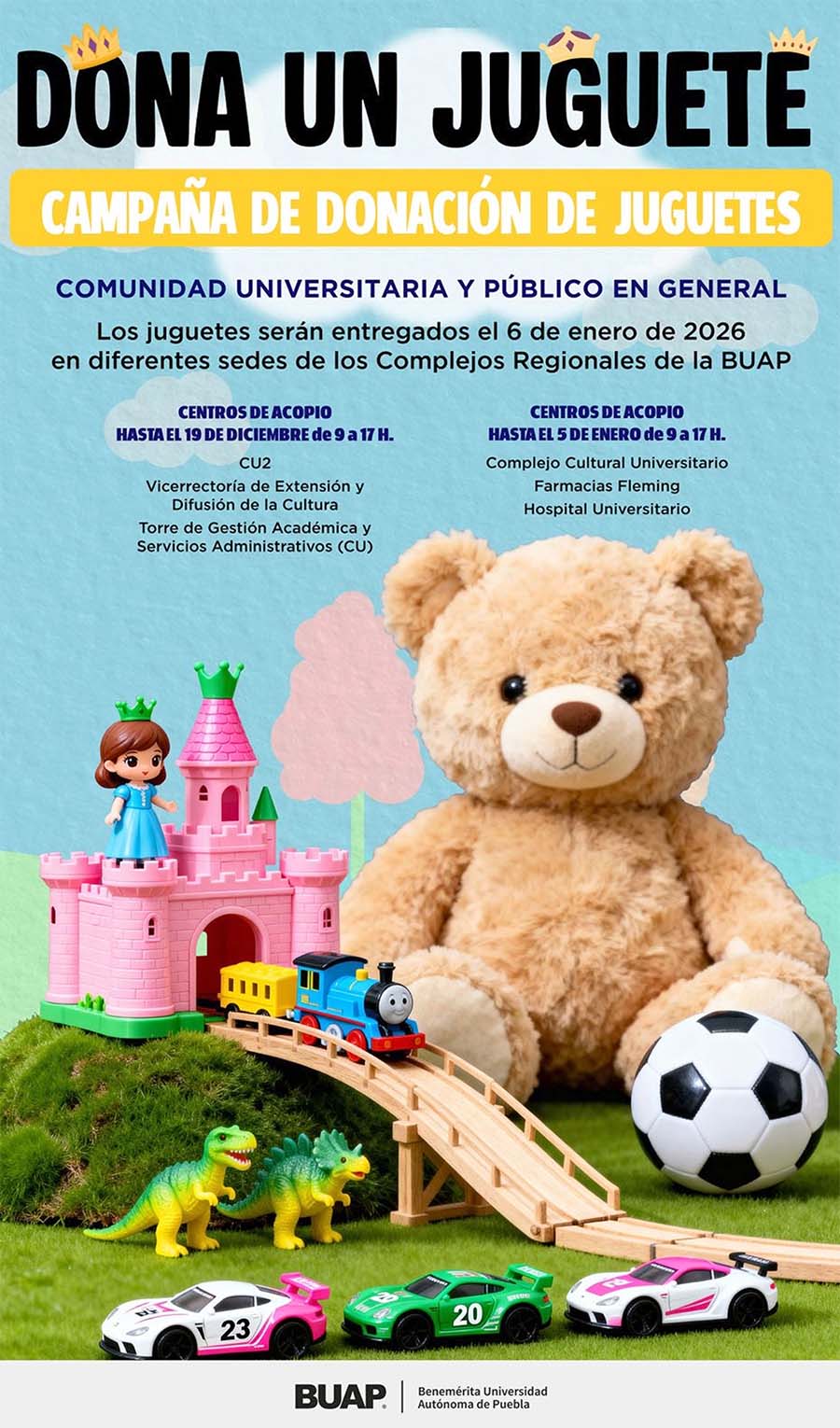 Campaña para colecta de juguetes para entregar a niños de zonas marginadas en Puebla el Día de Reyes