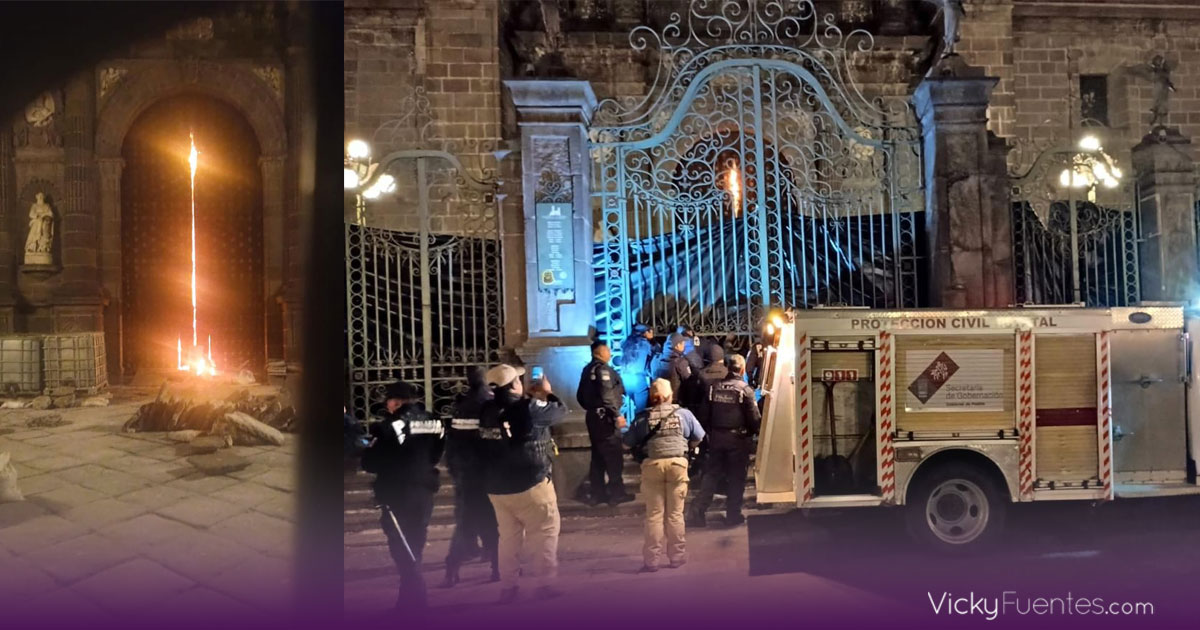 Protección Civil y Bomberos controlan incendio en la puerta norte de la Catedral de Puebla